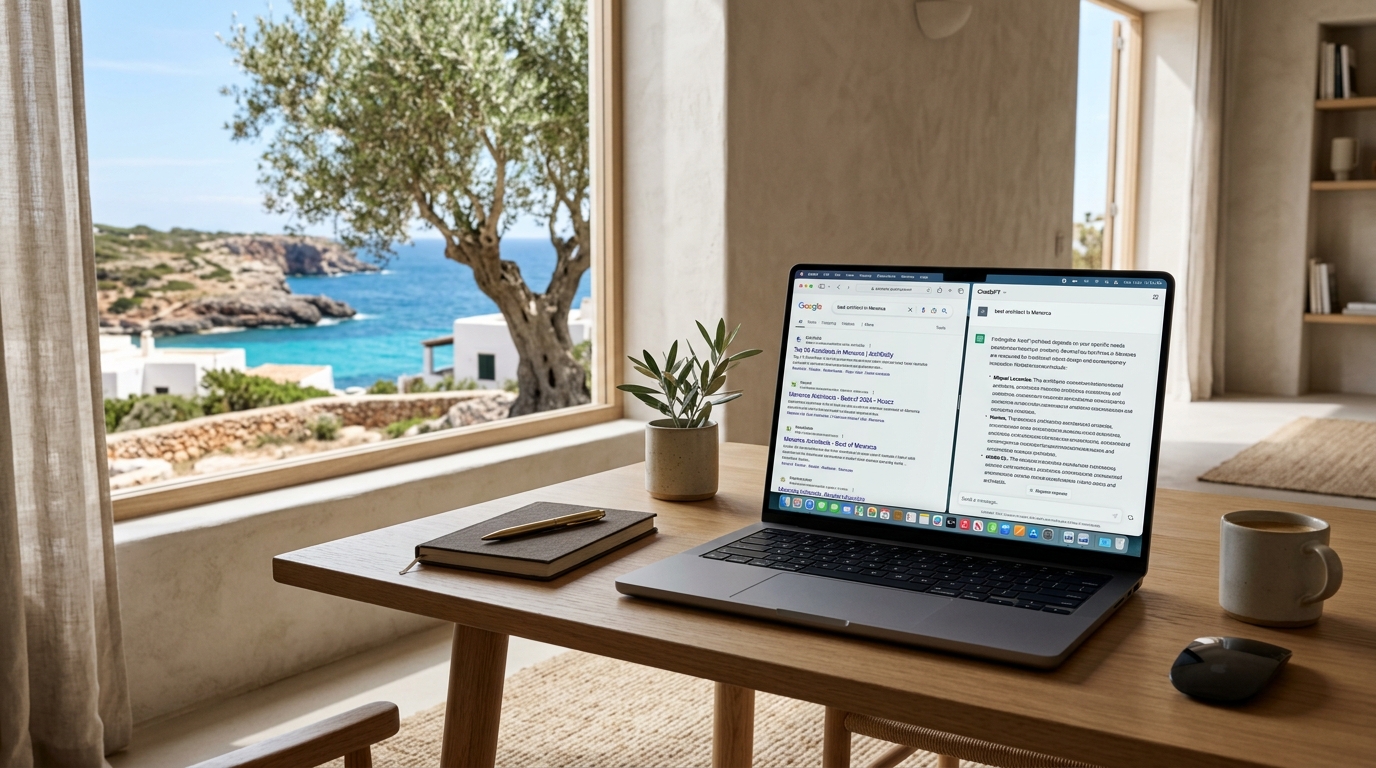 MacBook mostrando búsqueda en Google y ChatGPT en paralelo frente al mar de Menorca